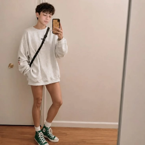 A young man taking a selfie in front of a mirror.