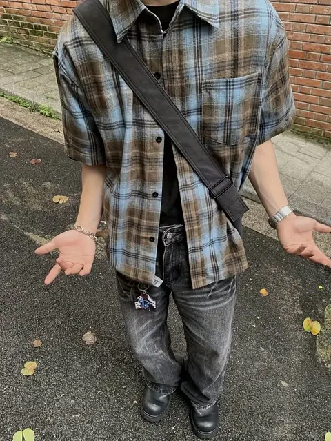 A man in a plaid shirt and jeans with a backpack.