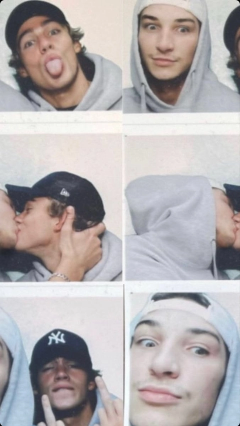 A collage of photos of a man kissing a woman.